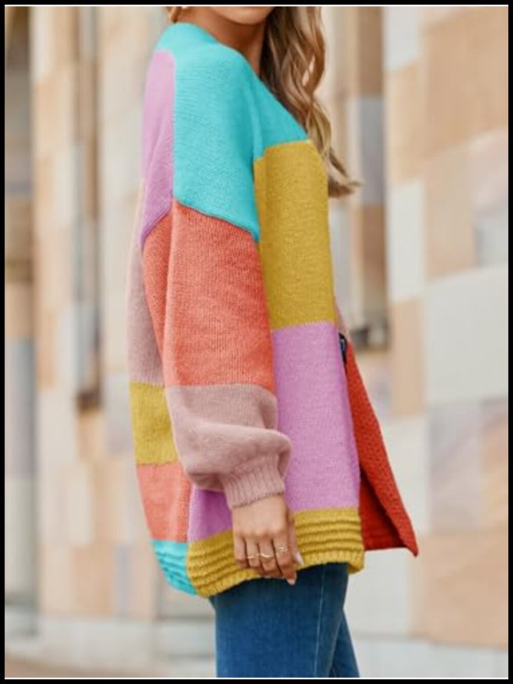 Women's Chunky Knit Cardigan Open Front Color Block Long Sleeve Oversized - Picture 2 of 6